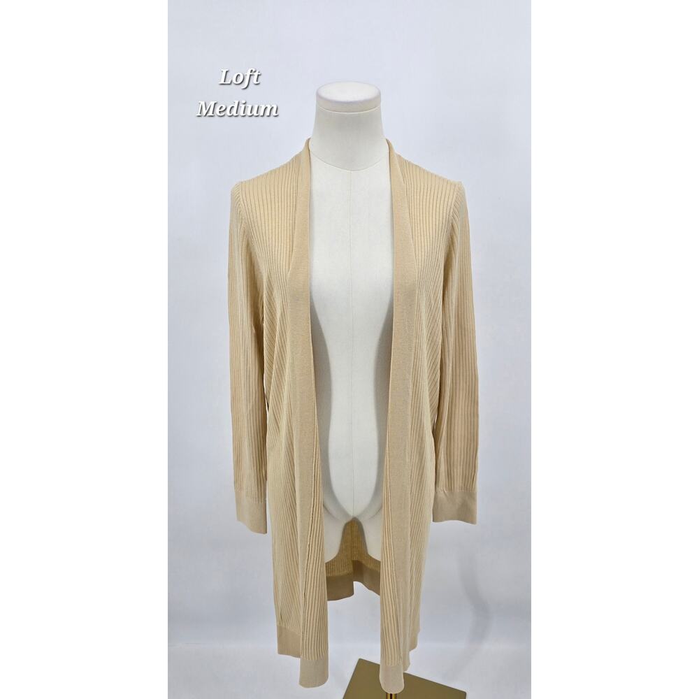 LOFT‎ Oatmeal Open-Front Longline Ribbed Cardigan Sweater – Size M NWT